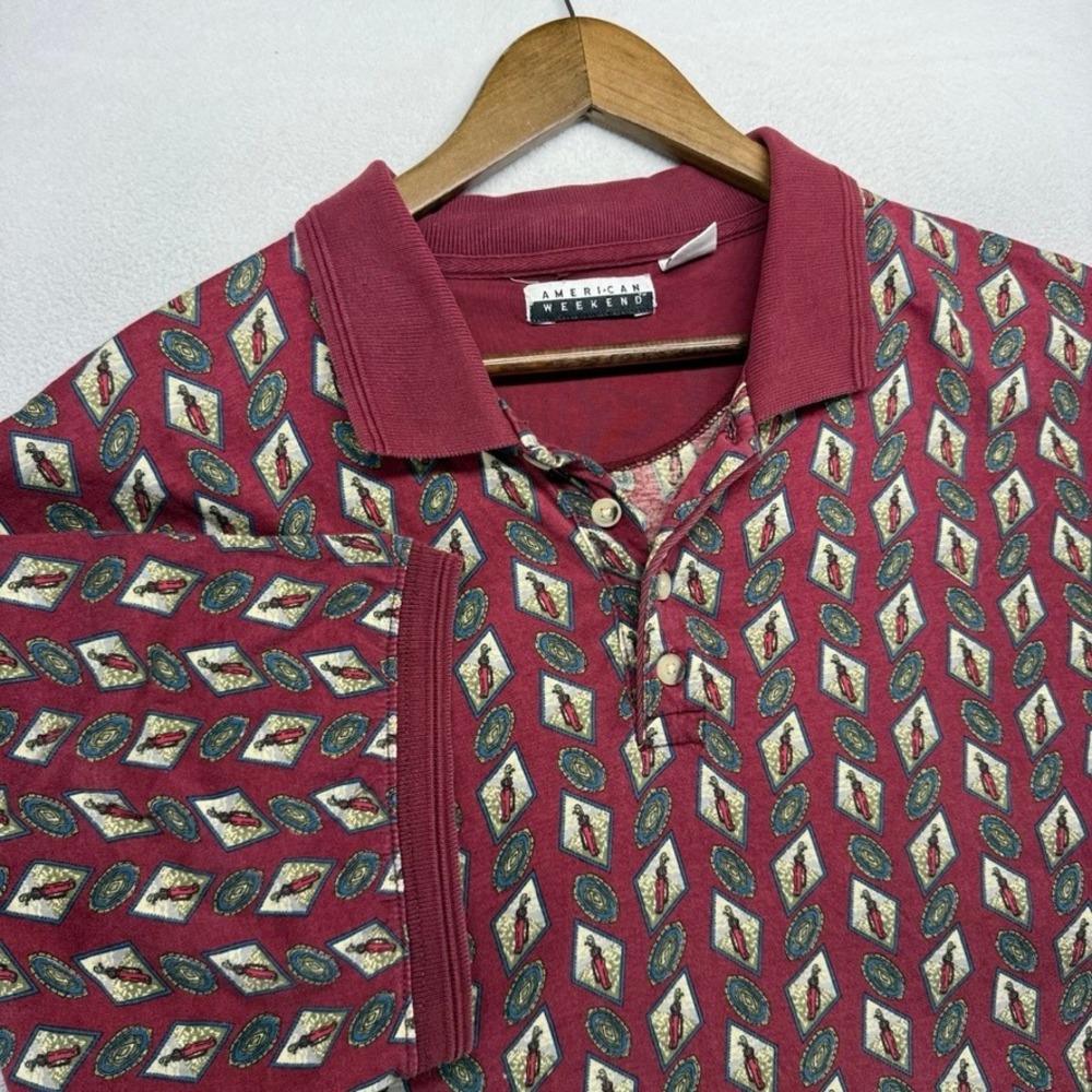 Vintage Knit Golf Polo Shirt Men's Large Red Geometric All Over Preppy Old Money